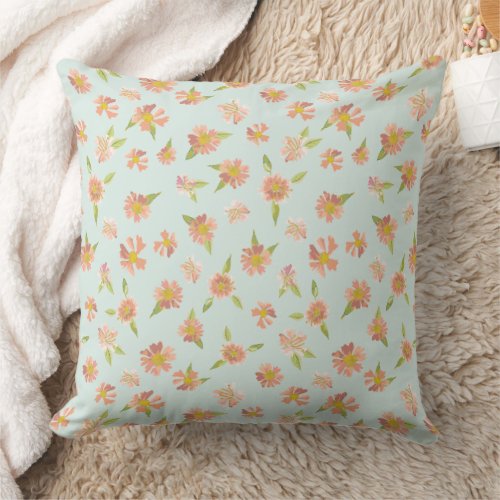 Pretty Pink Watercolor Floral Pattern Mint Green Throw Pillow