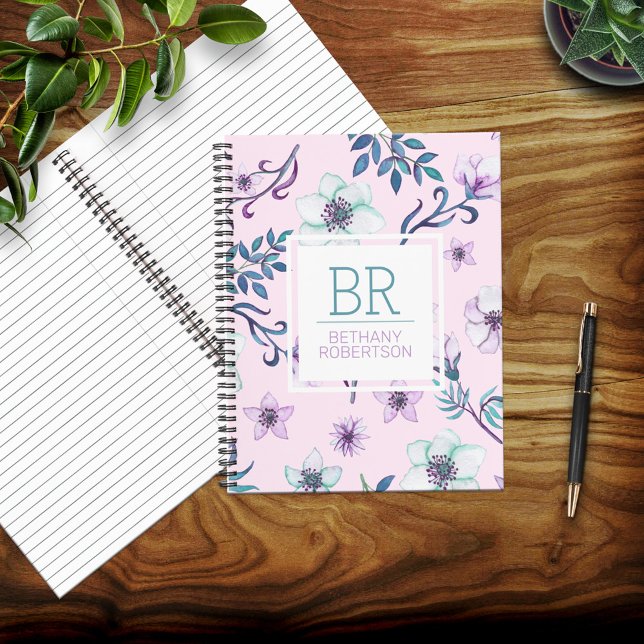 Pretty Pink Watercolor Floral Personalized Notebook (Creator Uploaded)
