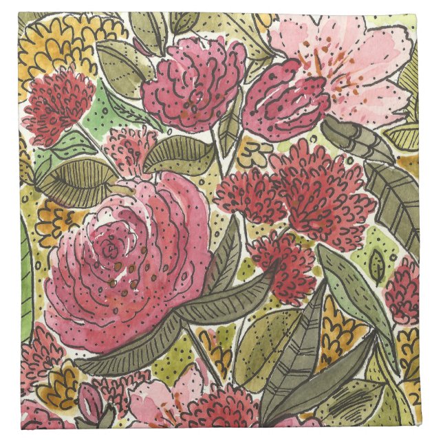 Pretty Pink Watercolor Floral Spring Garden Cloth Napkin (Front)