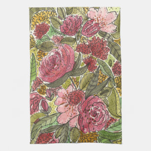 Pretty Pink Watercolor Floral Spring Garden Kitchen Towel