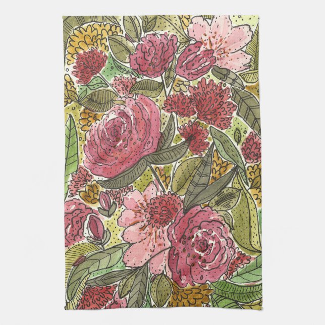 Pretty Pink Watercolor Floral Spring Garden Kitchen Towel (Vertical)