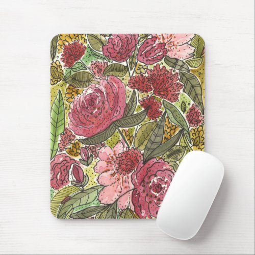 Pretty Pink Watercolor Floral Spring Garden Mouse Pad
