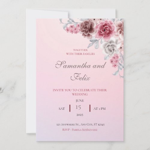 Pretty Pink Watercolor Floral Wedding Invitation