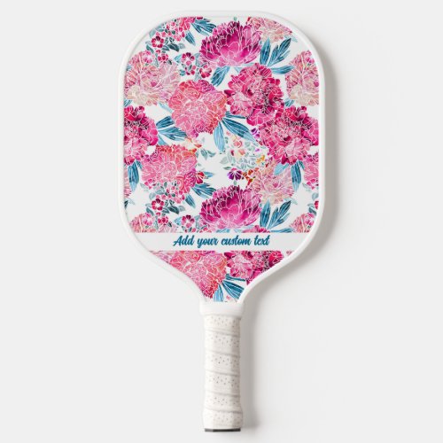 Pretty Pink Watercolor Flower Pattern Custom Text  Pickleball Paddle