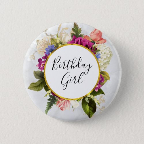 Pretty Pink Watercolor Flowers Birthday Girl Button