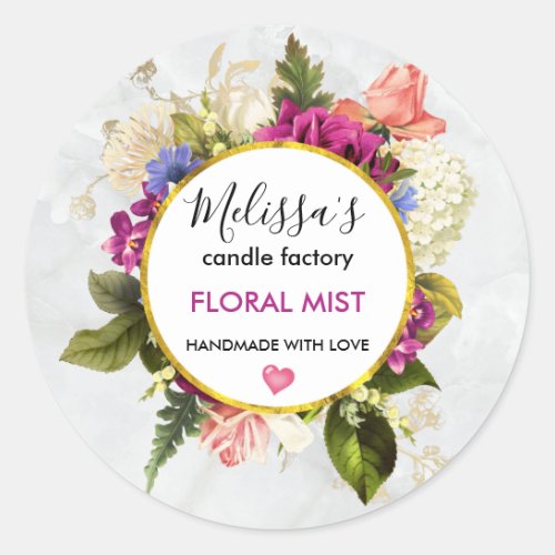 Pretty Pink Watercolor Flowers Candle Business Classic Round Sticker