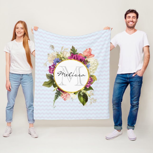 Pretty Pink Watercolor Flowers Monogram Fleece Blanket (In Situ)