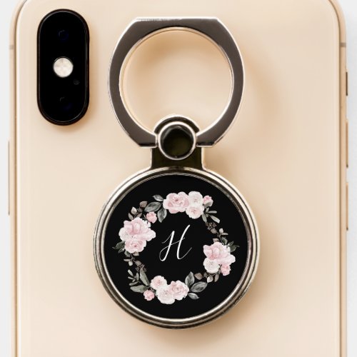 Pretty Pink Watercolor Flowers  Monogram on Black Phone Ring Stand