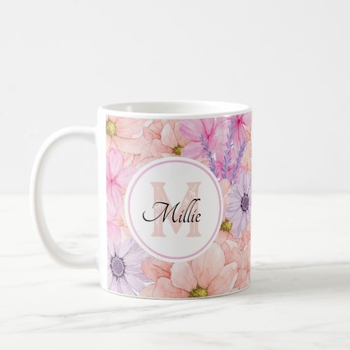 pretty pink watercolor flowers monogrammed for her coffee mug
