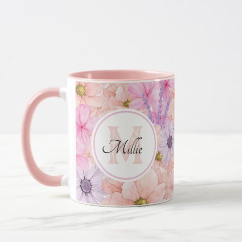 Pretty Pink Watercolor Flowers Monogrammed for her Mug