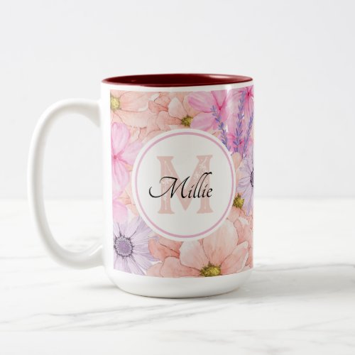 Pretty Pink Watercolor Flowers Monogrammed for her Two_Tone Coffee Mug