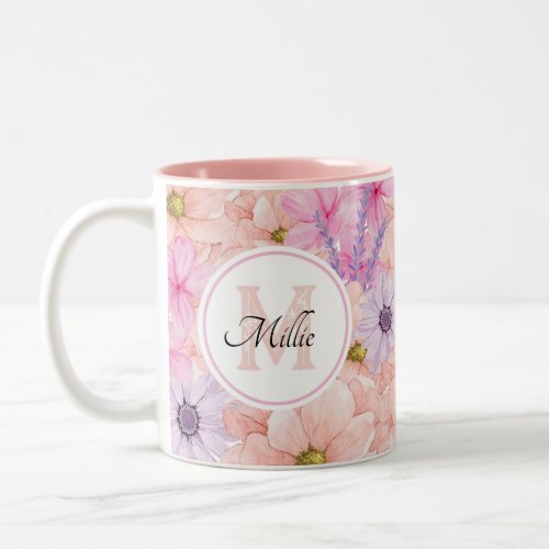 Pretty Pink Watercolor Flowers Monogrammed for her Two_Tone Coffee Mug