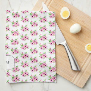 Pretty pink watercolor flowers monogrammed kitchen towel
