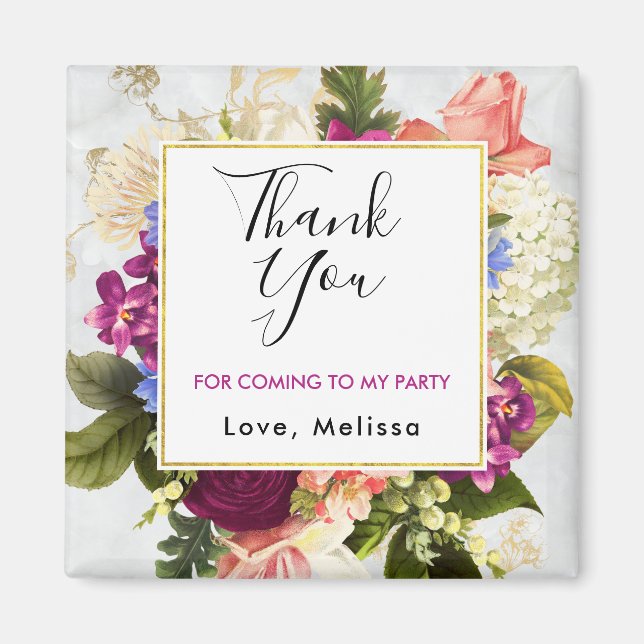 Pretty Pink Watercolor Flowers Party Thank You Magnet (Front)