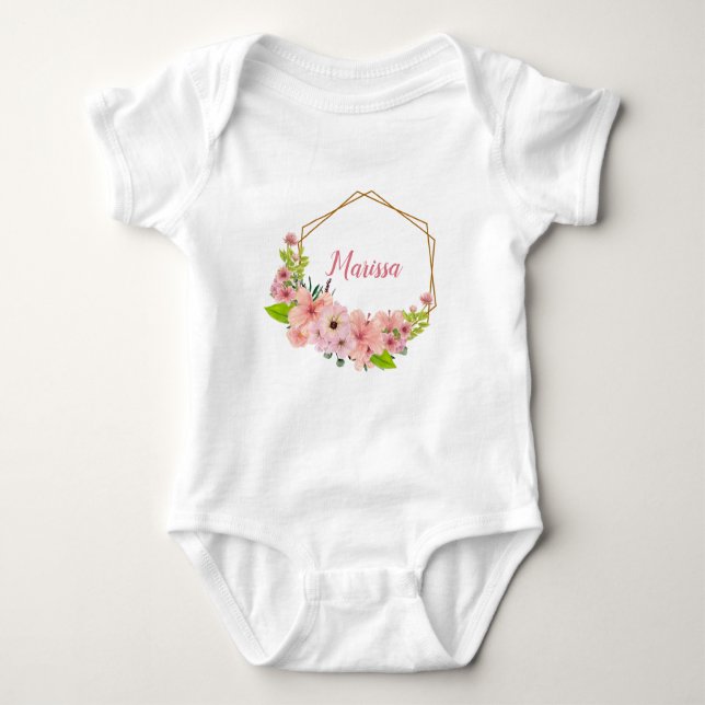 Pretty Pink Watercolor Flowers - Personalized Baby Bodysuit (Front)