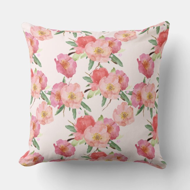 Pretty Pink Watercolor Flowers Throw Pillow (Front)