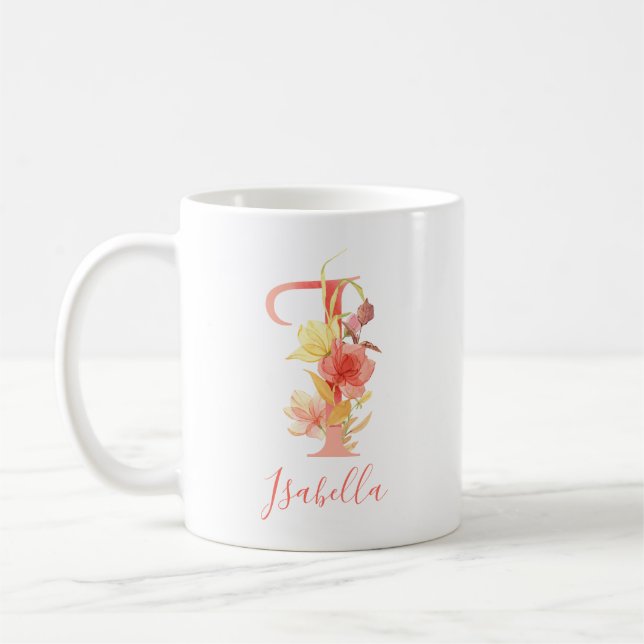 Pretty Pink Watercolor Letter "I" Coffee Mug (Left)