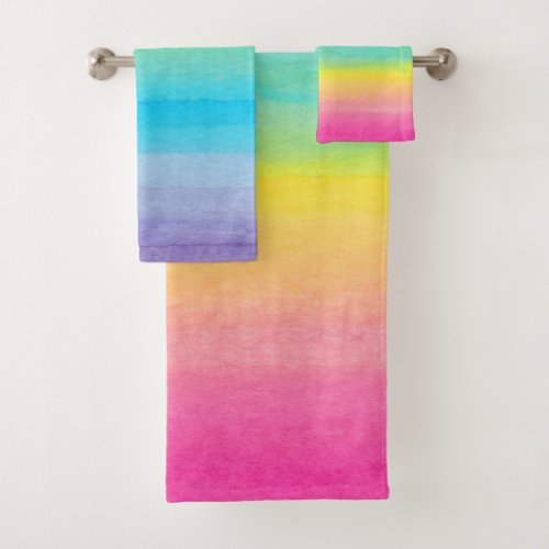 Pretty Pink Watercolor Rainbow Modern Bath Towel Set