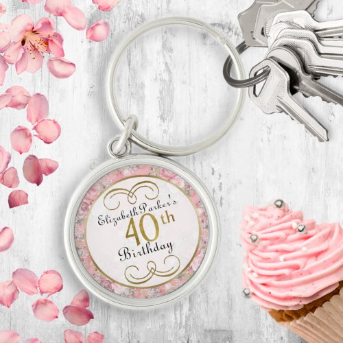 Pretty Pink Watercolor Rose Floral 40th Birthday  Keychain