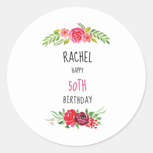 Pretty Pink Watercolor Rose Happy Birthday Text _ Classic Round Sticker
