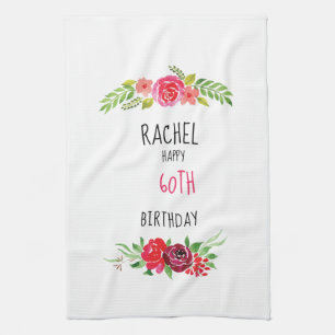 Pretty Pink Watercolor Rose Happy Birthday Text - Kitchen Towel