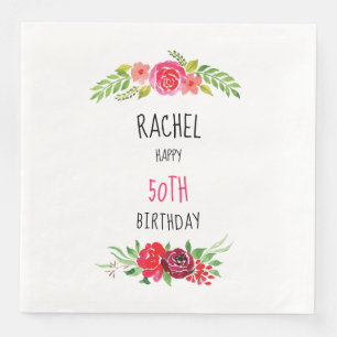 Pretty Pink Watercolor Rose Happy Birthday Text - Paper Dinner Napkins