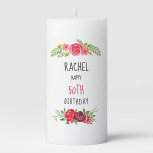 Pretty Pink Watercolor Rose Happy Birthday Text - Pillar Candle
