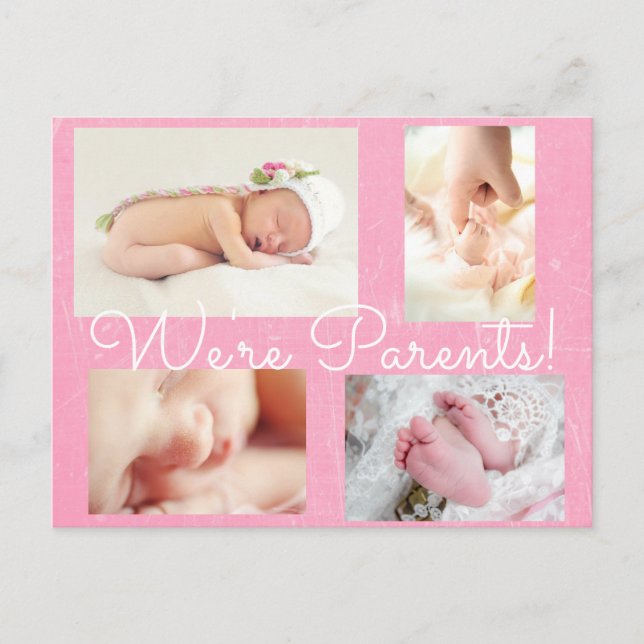 Pretty Pink "We're Parents"  Birth Announcement Postcard (Front)