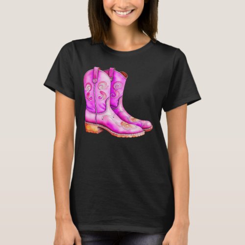 Pretty Pink Western Cowgirl Rodeo Boots Farm Life T_Shirt