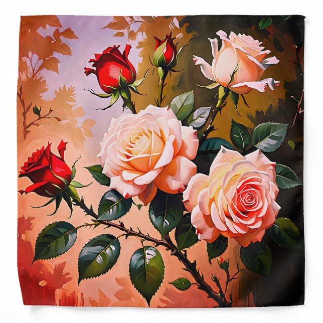 Pretty pink white and red roses oil painting bandana (Front)