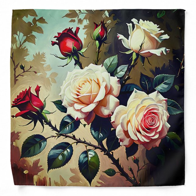 Pretty pink white and red roses oil painting bandana (Front)
