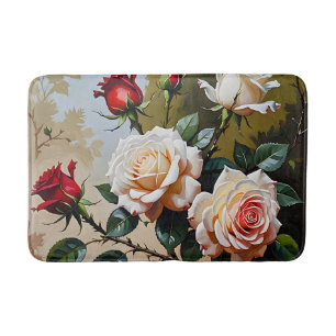 Pretty pink white and red roses oil painting bath mat