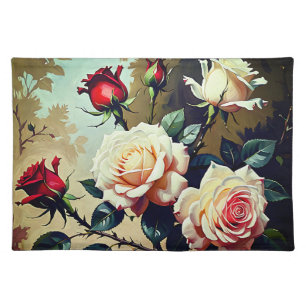 Pretty pink white and red roses oil painting cloth placemat
