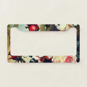 Pretty pink white and red roses oil painting license plate frame