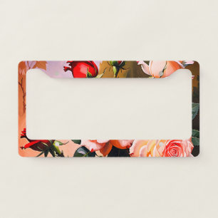 Pretty pink white and red roses oil painting license plate frame