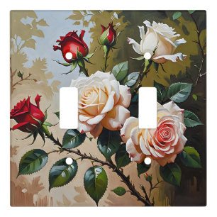 Pretty pink white and red roses oil painting light switch cover