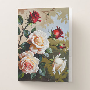 Pretty pink white and red roses oil painting pocket folder