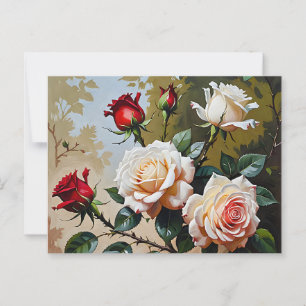 Pretty pink white and red roses oil painting postcard