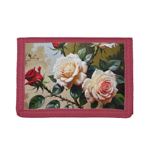 Pretty pink white and red roses oil painting tri-fold wallet