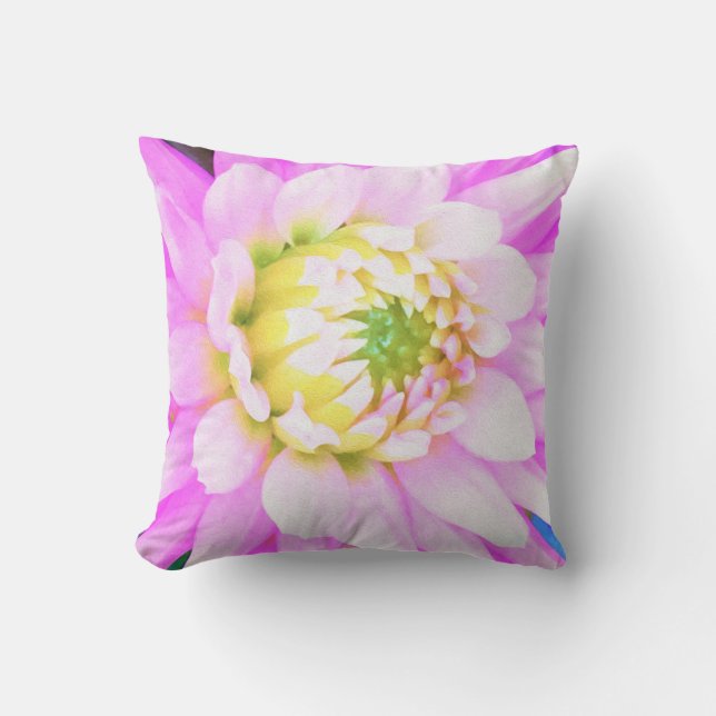 Pretty Pink, White and Yellow Cactus Dahlia Macro Throw Pillow (Front)