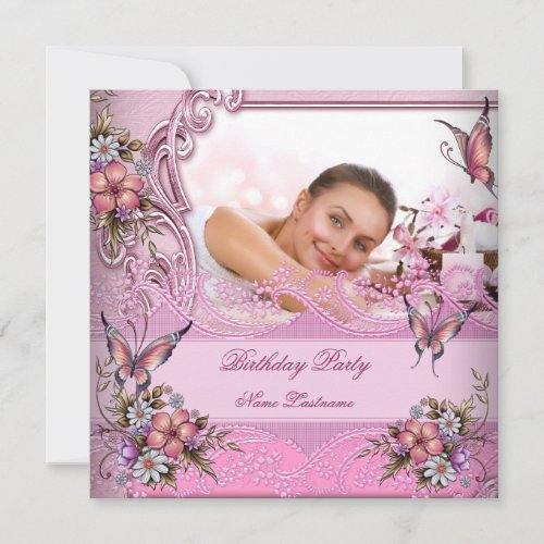 Pretty Pink White Butterfly Flowers Birthday Party Invitation