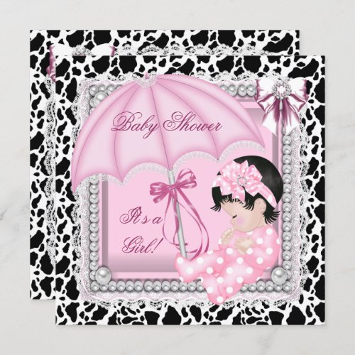 Pretty Pink White Cute Girl Baby Shower Cow Invitation