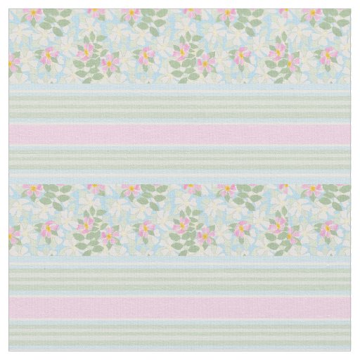 Pretty Pink White Dog Roses on Blue Striped Fabric