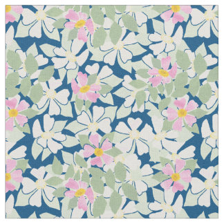 Pretty Pink White Dog Roses on Navy Blue Fabric