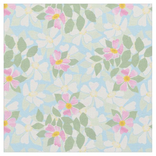 Pretty Pink White Dog Roses on Sky Blue Fabric