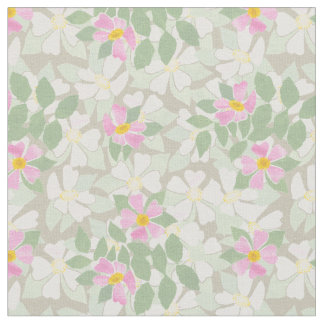 Pretty Pink White Dog Roses on Taupe Fabric