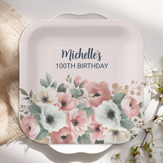 Pretty Pink White Floral 100th Birthday  Paper Plates (Elegant pink and white watercolor floral 100th birthday party paper plates)