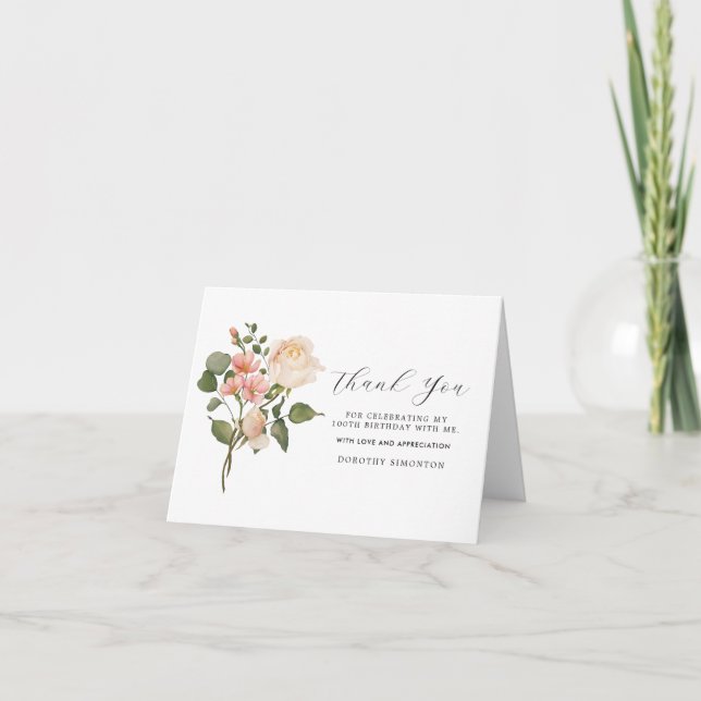 Pretty Pink White Floral 100th Birthday Thank You Card (Front)
