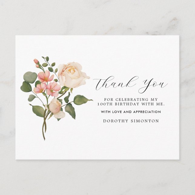 Pretty Pink White Floral 100th Birthday Thank You Postcard (Front)