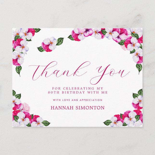 Pretty Pink White Floral 80th Birthday Thank You Postcard (Front)